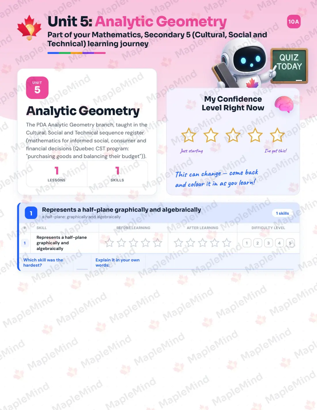 Page 26 of 46 from the Mathematics, Secondary 5 (Cultural, Social and Technical) Quebec Course Companion — skills tracker with before and after self-assessment