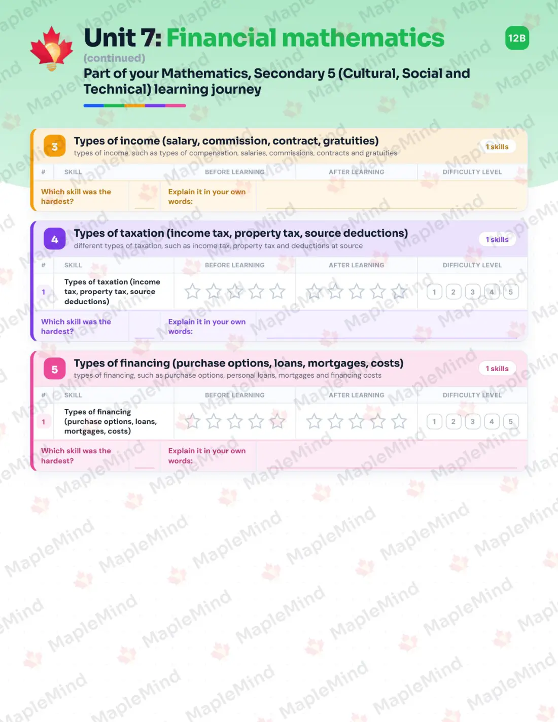 Page 34 of 46 from the Mathematics, Secondary 5 (Cultural, Social and Technical) Quebec Course Companion — skills tracker with before and after self-assessment