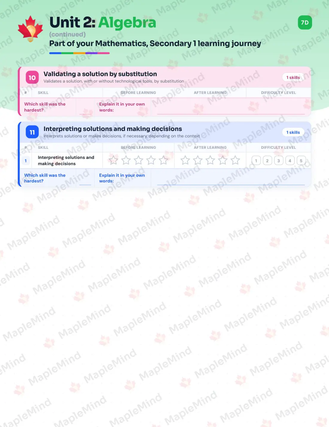 Page 18 of 48 from the Mathematics, Secondary 1 Quebec Course Companion — skills tracker with before and after self-assessment