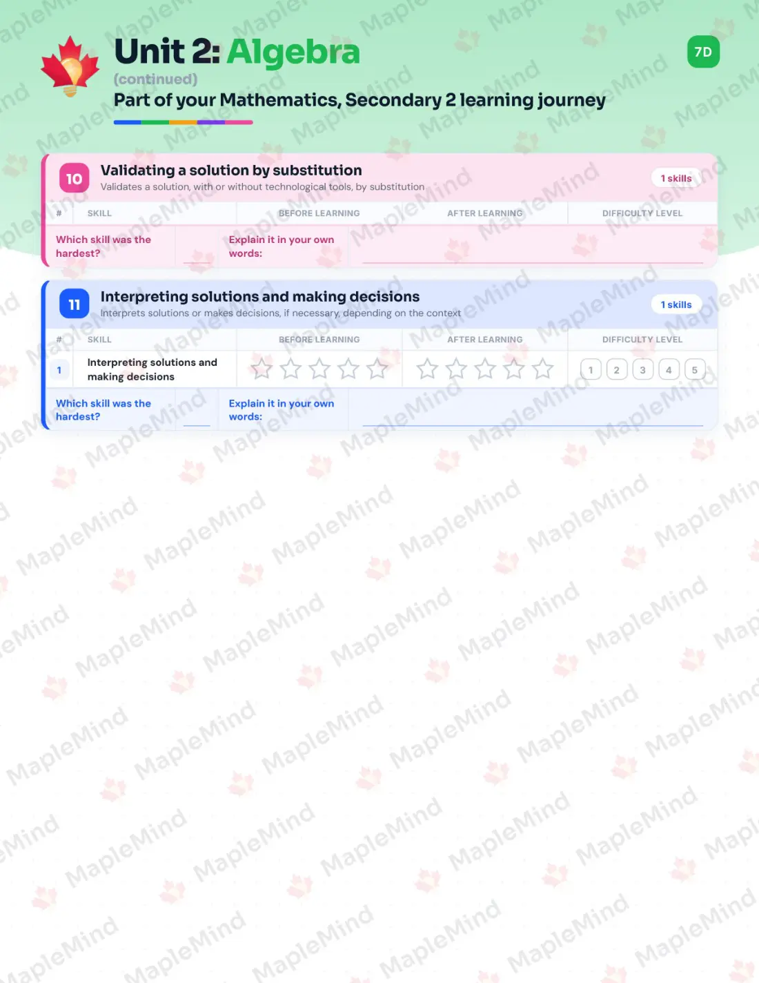 Page 17 of 47 from the Mathematics, Secondary 2 Quebec Course Companion — skills tracker with before and after self-assessment