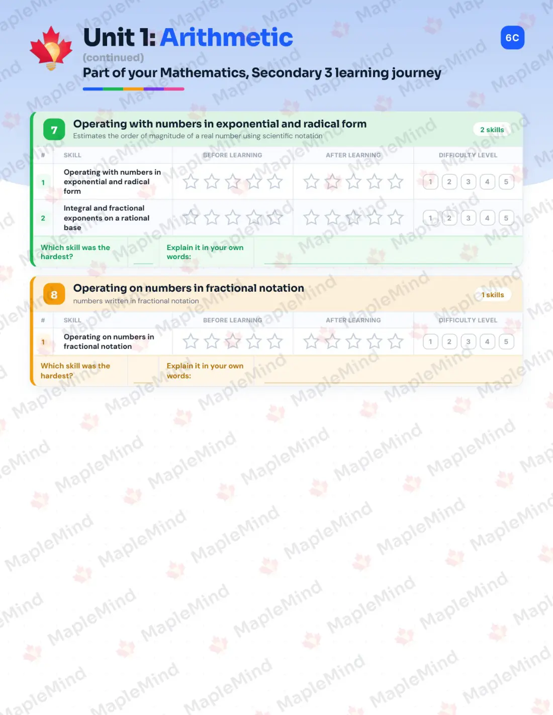Page 10 of 44 from the Mathematics, Secondary 3 Quebec Course Companion — skills tracker with before and after self-assessment