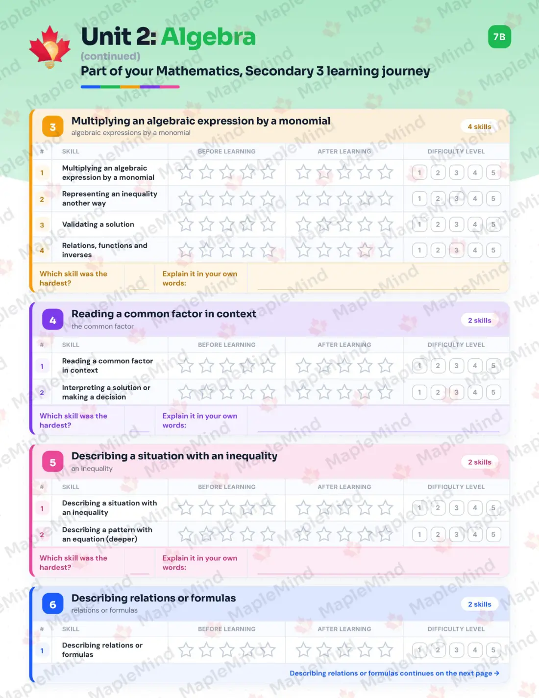 Page 14 of 44 from the Mathematics, Secondary 3 Quebec Course Companion — skills tracker with before and after self-assessment