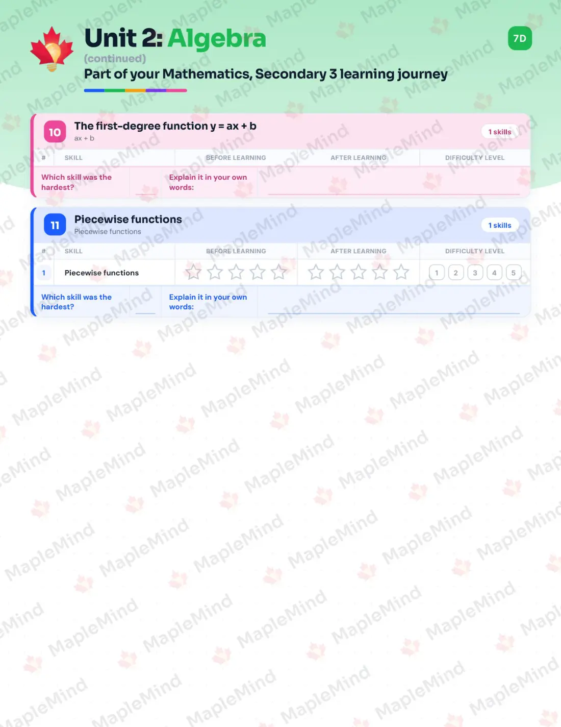Page 16 of 44 from the Mathematics, Secondary 3 Quebec Course Companion — skills tracker with before and after self-assessment