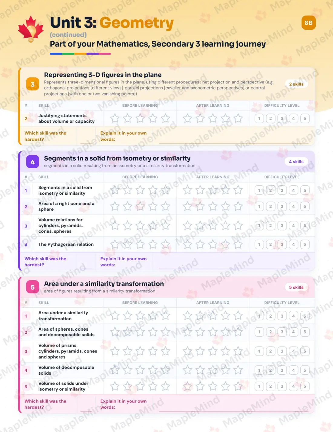 Page 20 of 44 from the Mathematics, Secondary 3 Quebec Course Companion — skills tracker with before and after self-assessment