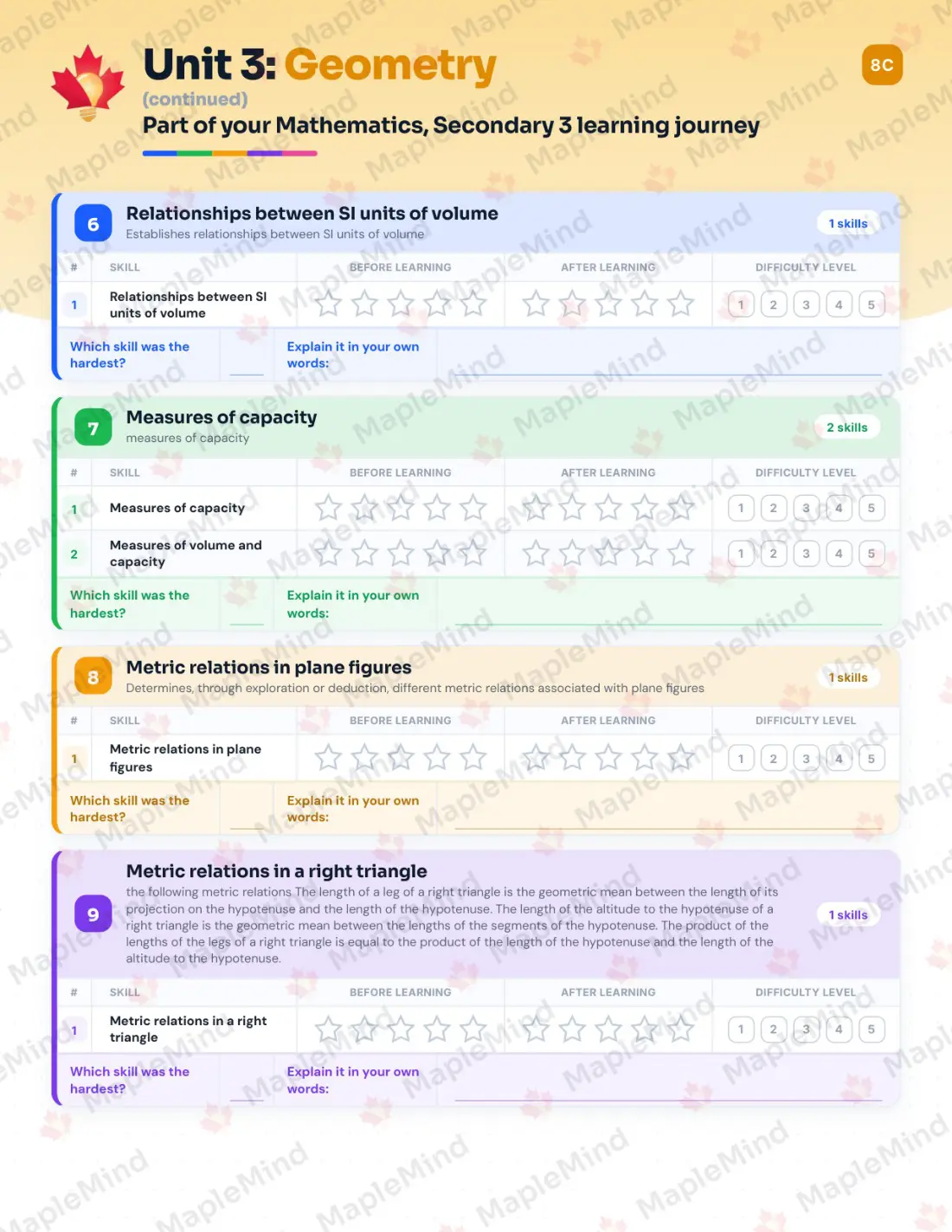 Page 21 of 44 from the Mathematics, Secondary 3 Quebec Course Companion — skills tracker with before and after self-assessment
