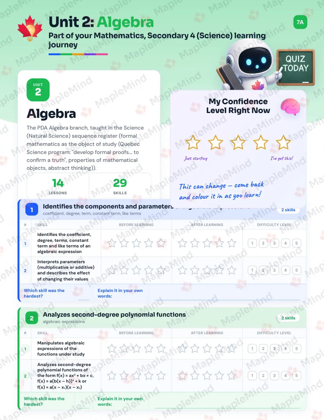 Page 11 of 42 from the Mathematics, Secondary 4 (Science) Quebec Course Companion — skills tracker with before and after self-assessment