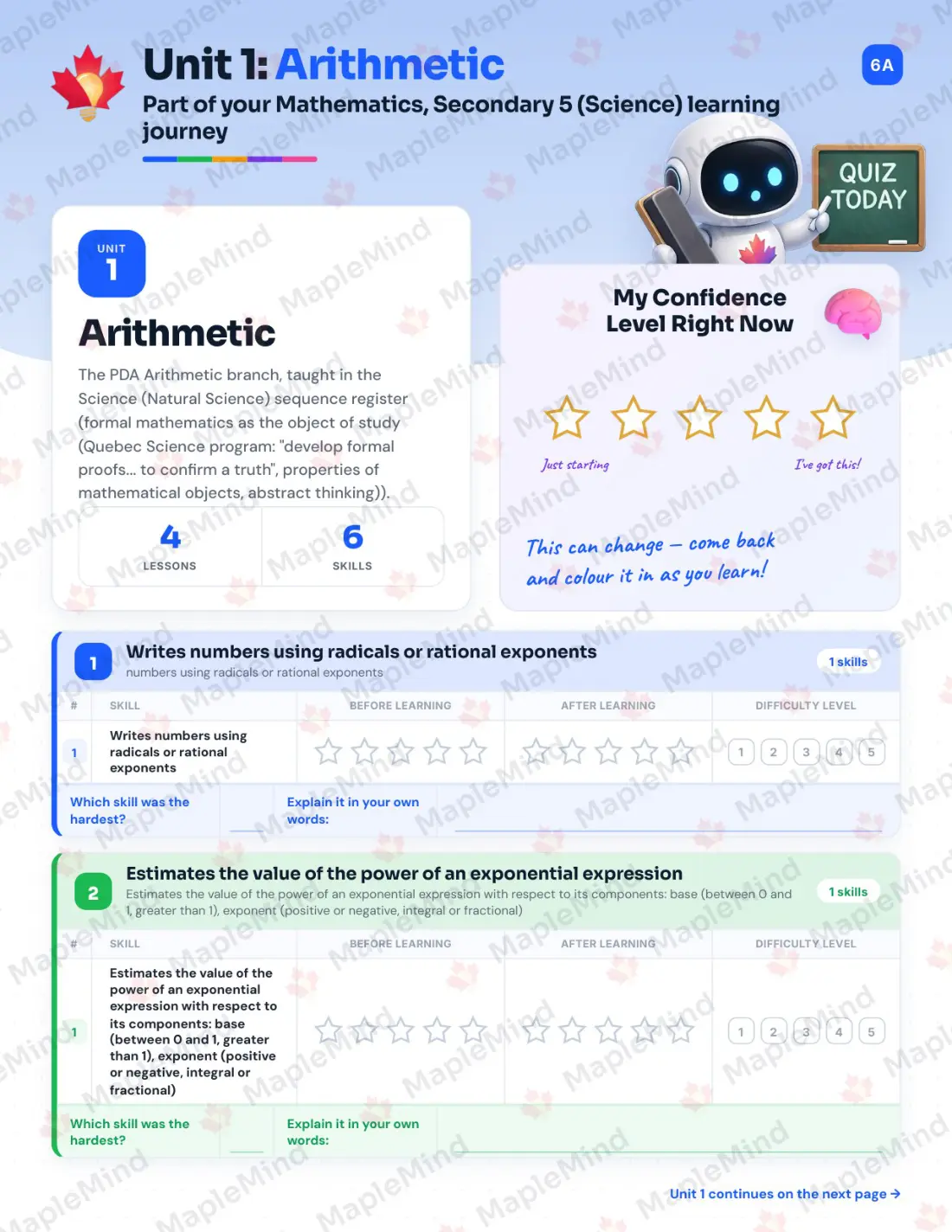 Page 7 of 39 from the Mathematics, Secondary 5 (Science) Quebec Course Companion — skills tracker with before and after self-assessment