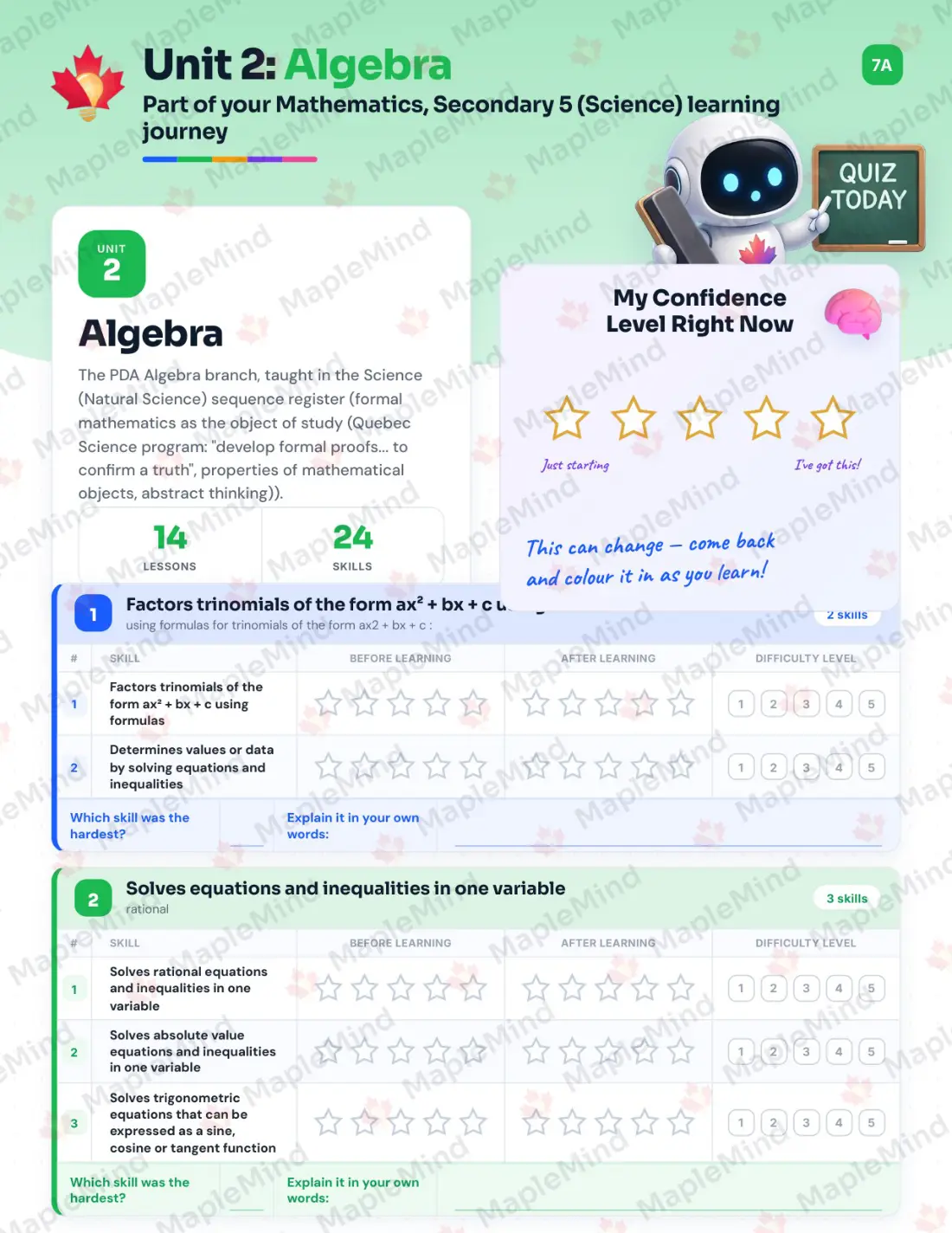 Page 11 of 39 from the Mathematics, Secondary 5 (Science) Quebec Course Companion — skills tracker with before and after self-assessment