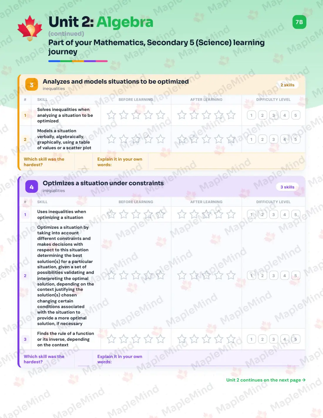 Page 12 of 39 from the Mathematics, Secondary 5 (Science) Quebec Course Companion — skills tracker with before and after self-assessment