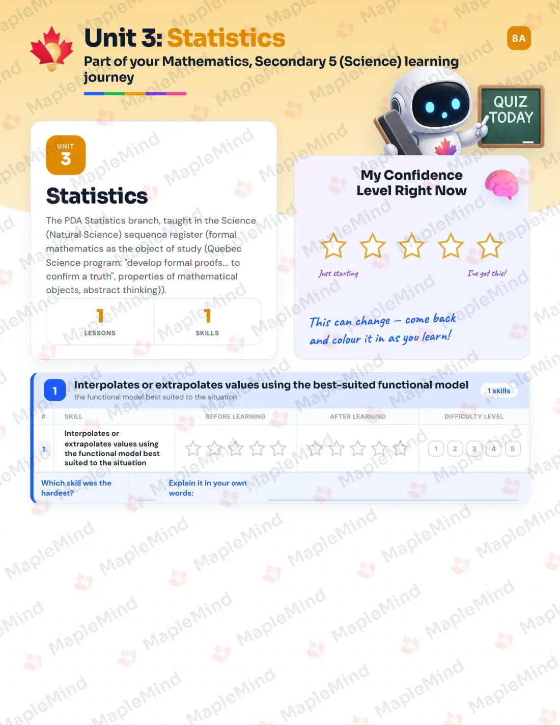 Page 18 of 39 from the Mathematics, Secondary 5 (Science) Quebec Course Companion — skills tracker with before and after self-assessment
