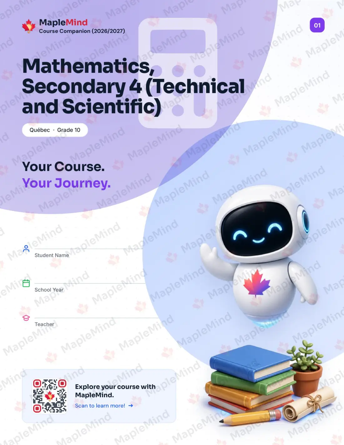 Page 1 of 49 from the Mathematics, Secondary 4 (Technical and Scientific) Quebec Course Companion — workbook cover