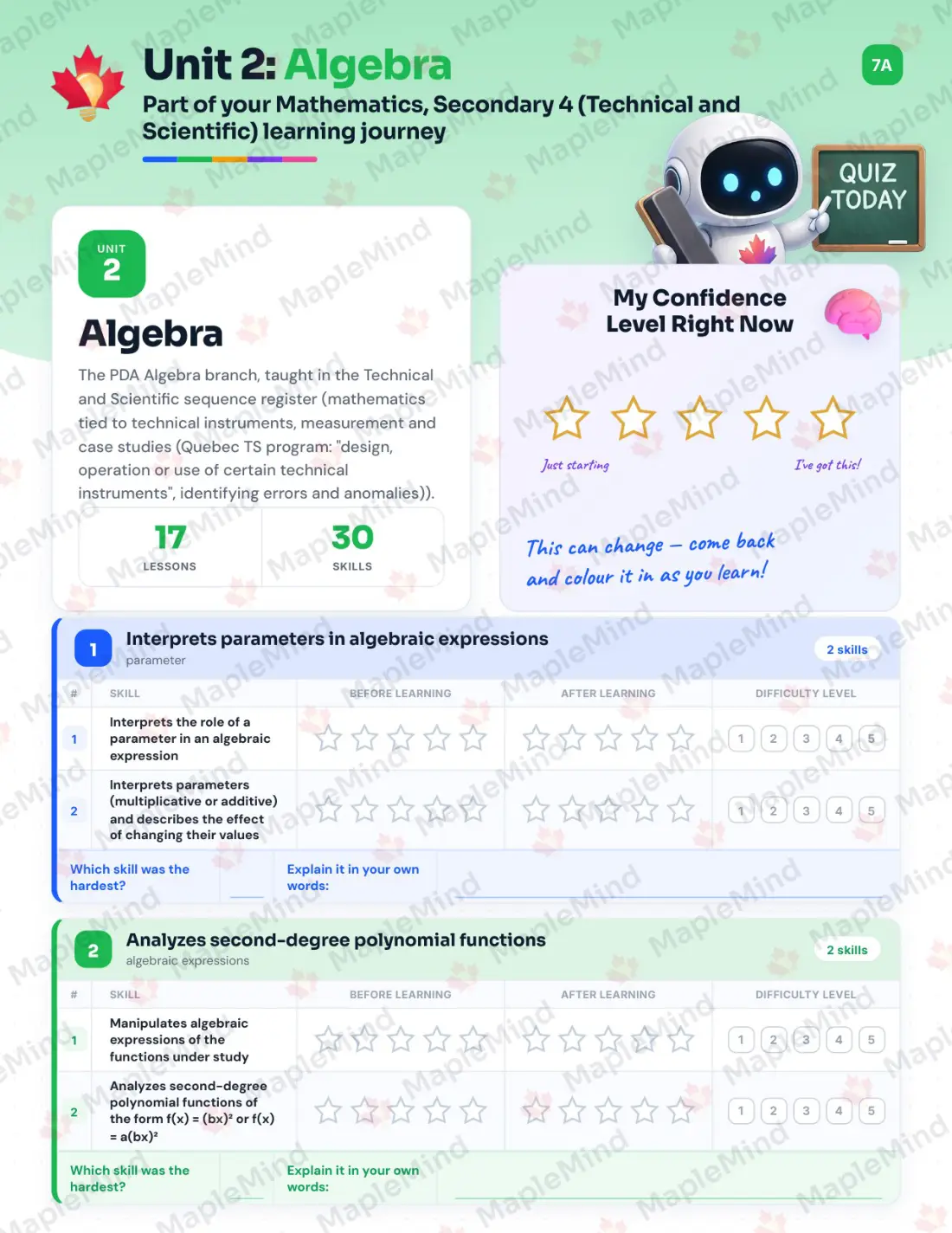 Page 13 of 49 from the Mathematics, Secondary 4 (Technical and Scientific) Quebec Course Companion — skills tracker with before and after self-assessment