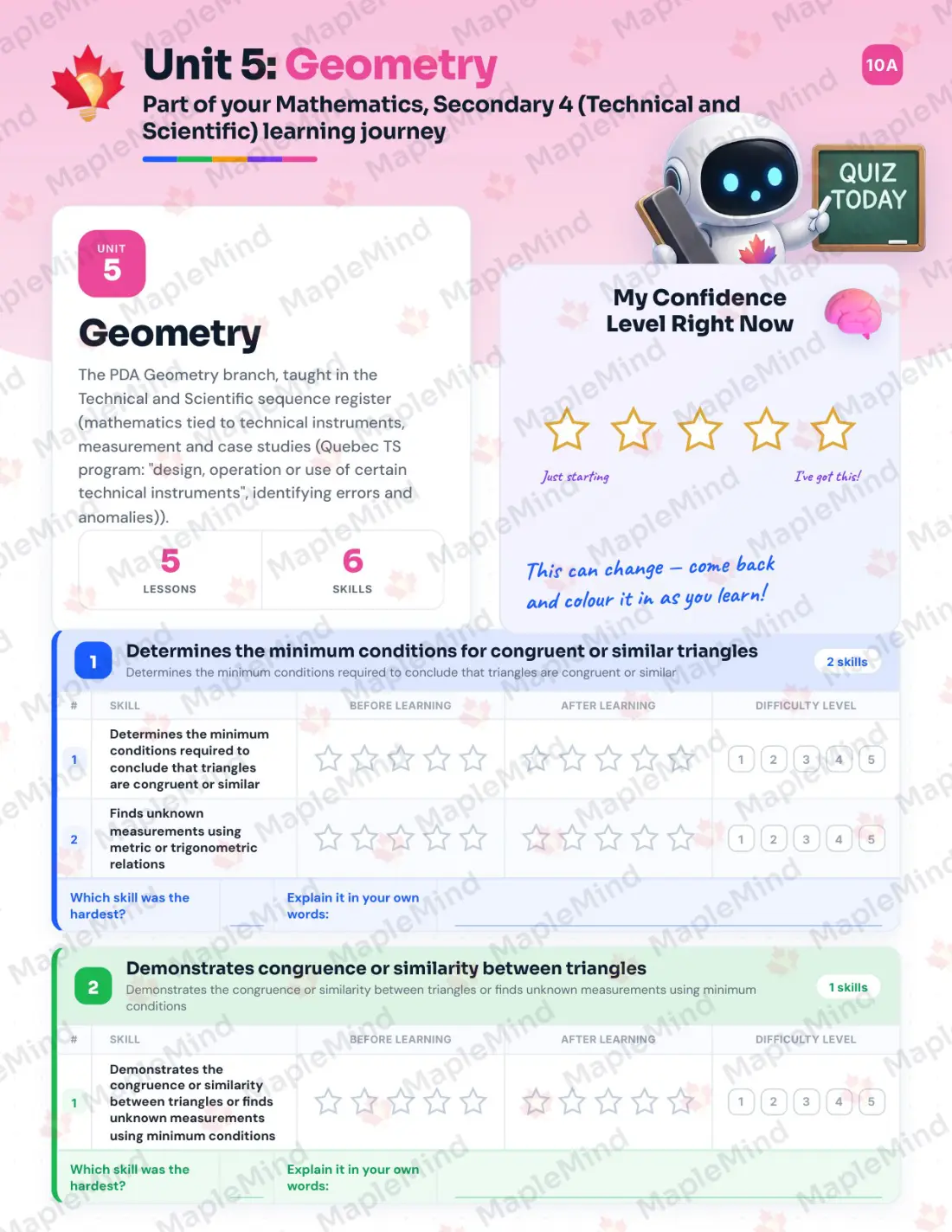 Page 32 of 49 from the Mathematics, Secondary 4 (Technical and Scientific) Quebec Course Companion — skills tracker with before and after self-assessment