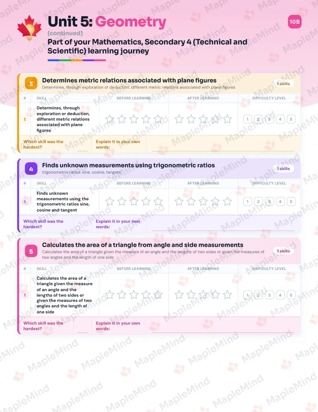 Page 33 of 49 from the Mathematics, Secondary 4 (Technical and Scientific) Quebec Course Companion — skills tracker with before and after self-assessment