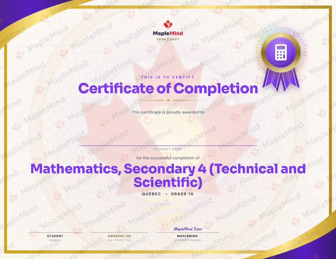 Page 49 of 49 from the Mathematics, Secondary 4 (Technical and Scientific) Quebec Course Companion — year in review and certificate of completion