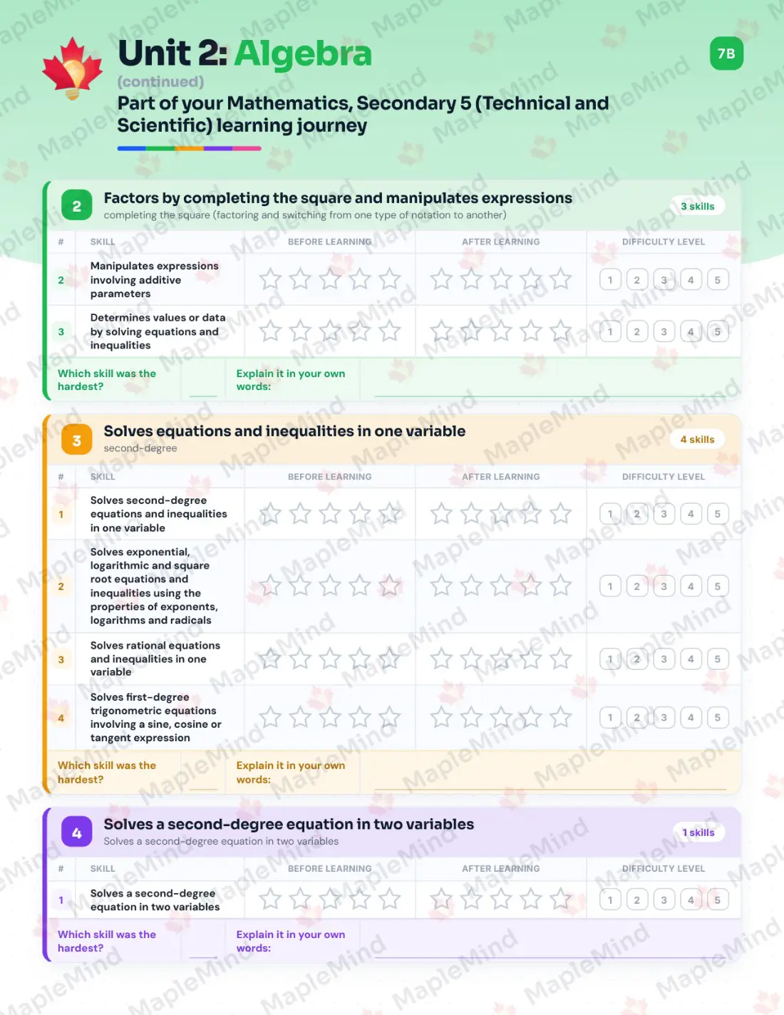 Page 11 of 42 from the Mathematics, Secondary 5 (Technical and Scientific) Quebec Course Companion — skills tracker with before and after self-assessment