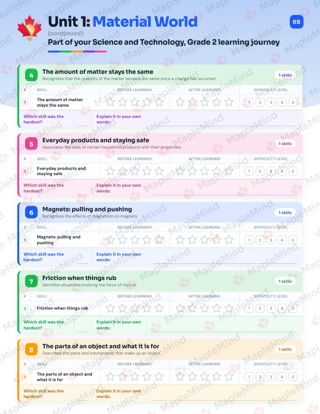 Page 7 of 25 from the Science and Technology, Grade 2 Quebec Course Companion — skills tracker with before and after self-assessment