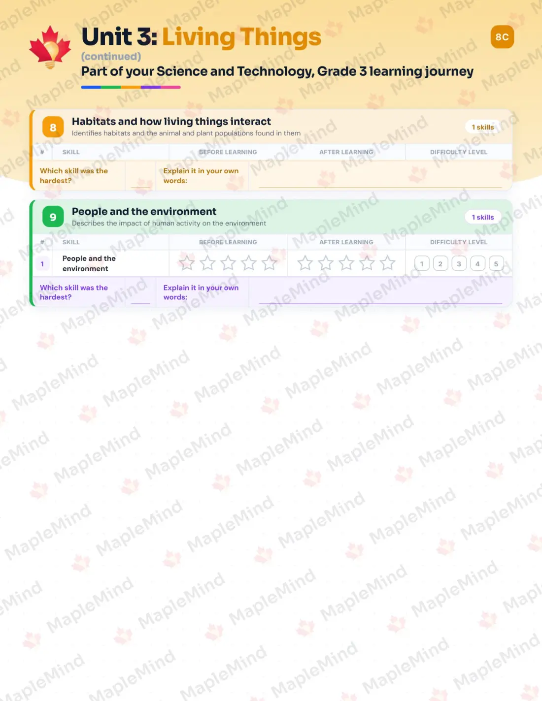 Page 18 of 29 from the Science and Technology, Grade 3 Quebec Course Companion — skills tracker with before and after self-assessment