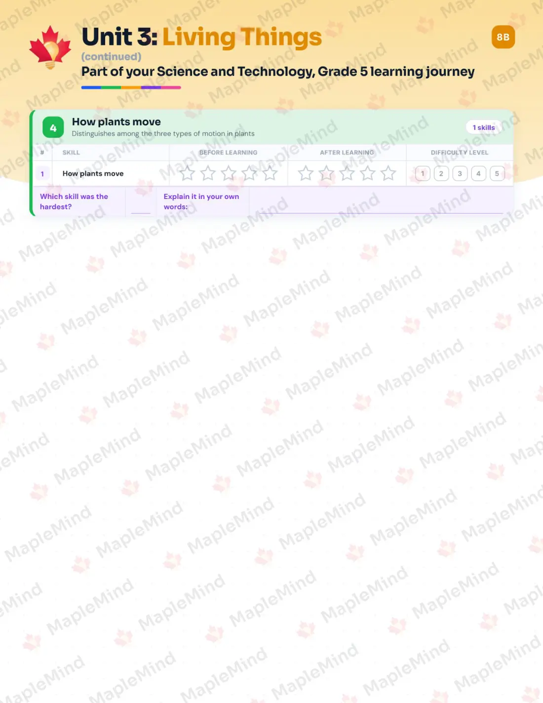 Page 15 of 26 from the Science and Technology, Grade 5 Quebec Course Companion — skills tracker with before and after self-assessment