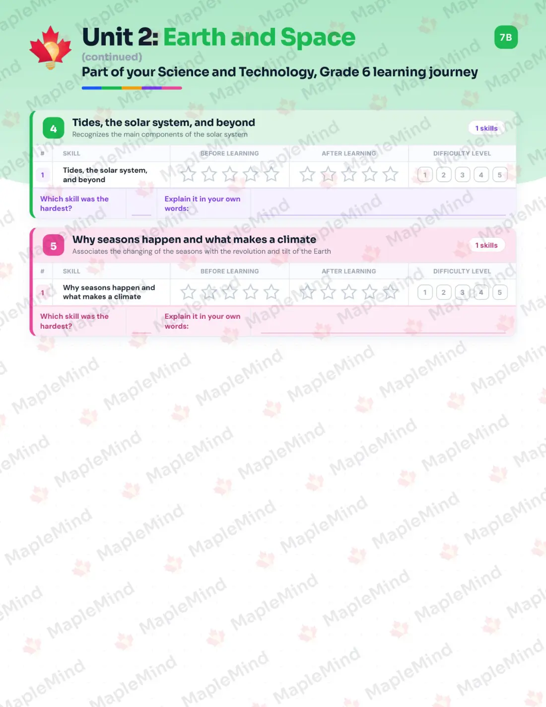 Page 11 of 26 from the Science and Technology, Grade 6 Quebec Course Companion — skills tracker with before and after self-assessment