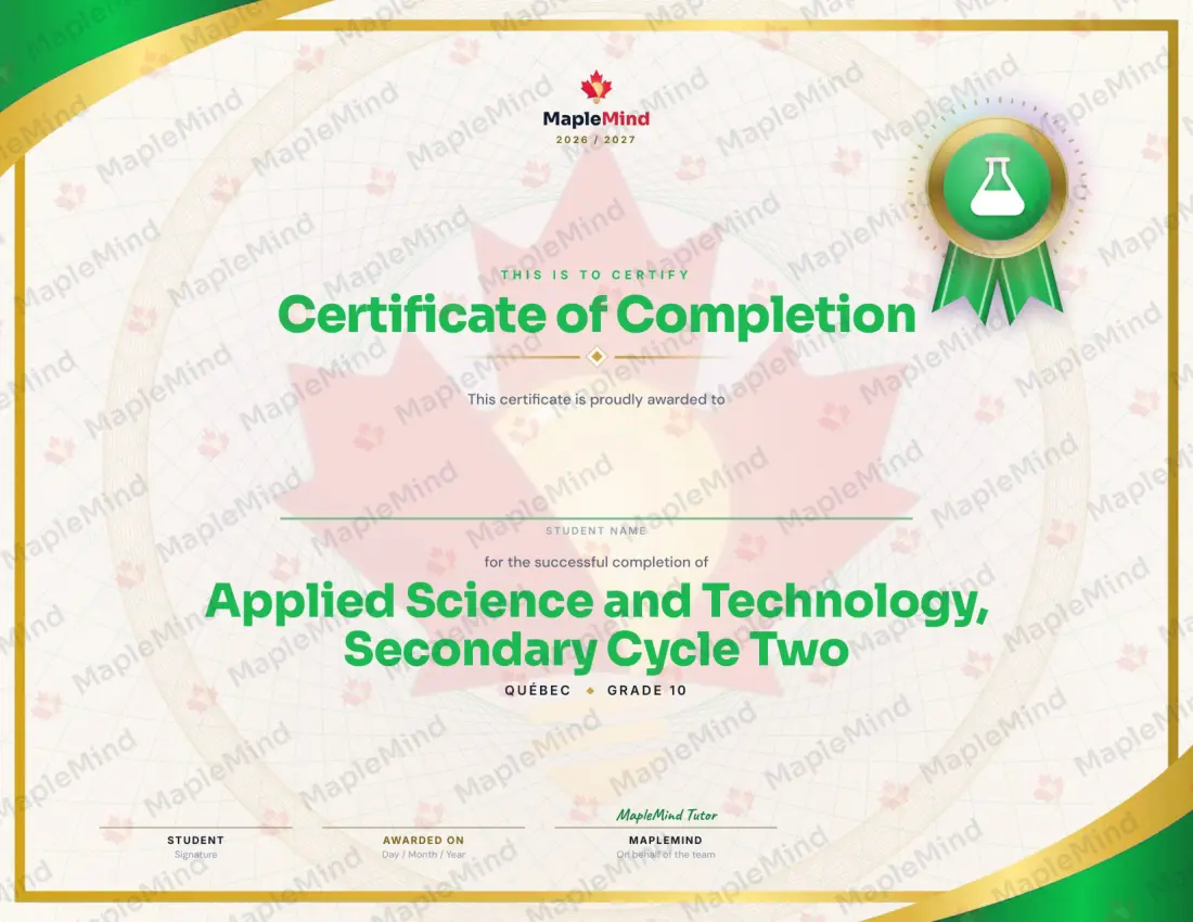 Page 33 of 33 from the Applied Science and Technology, Secondary Cycle Two Quebec Course Companion — year in review and certificate of completion