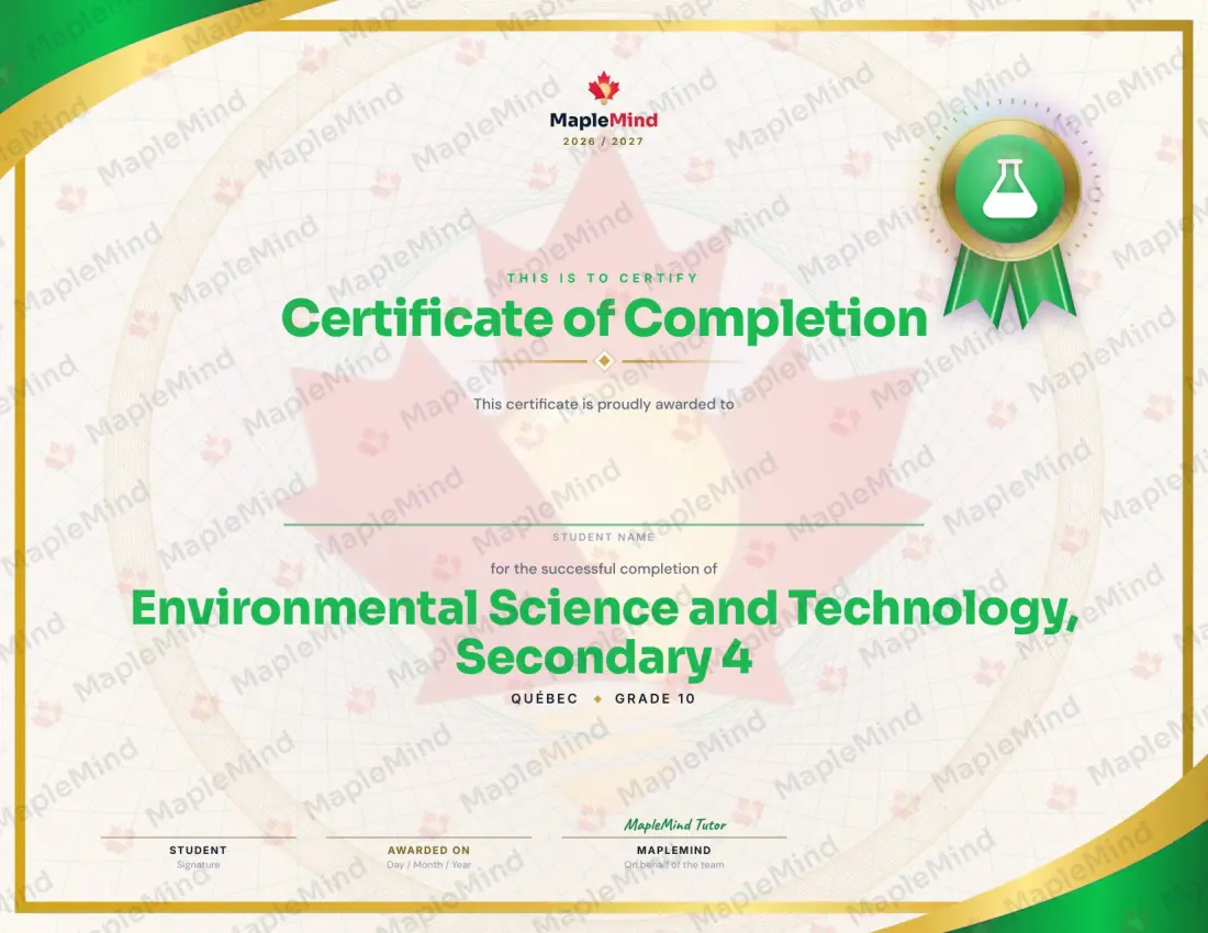 Page 29 of 29 from the Environmental Science and Technology, Secondary 4 Quebec Course Companion — year in review and certificate of completion