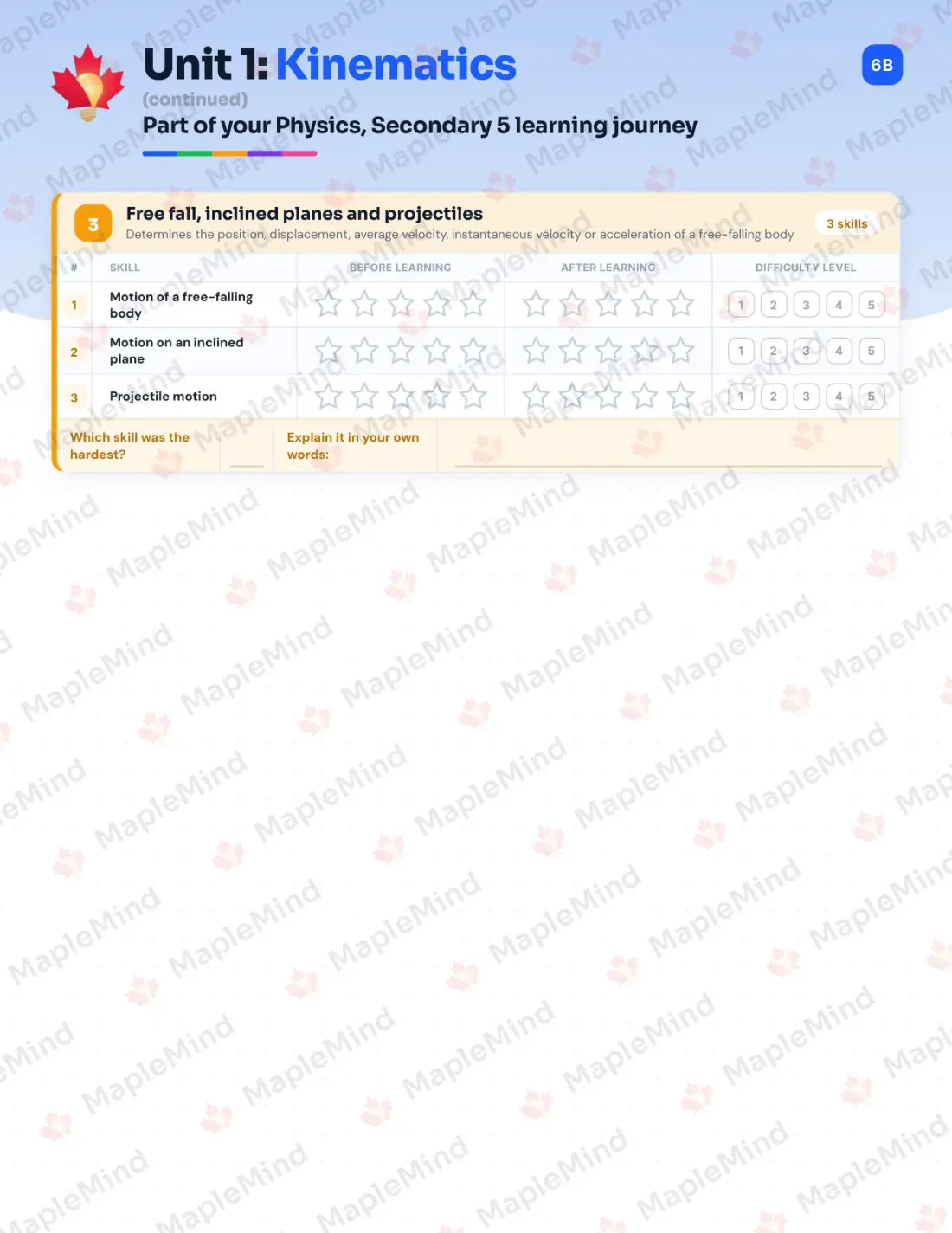 Page 7 of 31 from the Physics, Secondary 5 Quebec Course Companion — skills tracker with before and after self-assessment