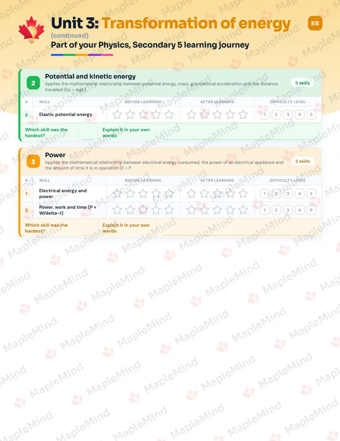 Page 15 of 31 from the Physics, Secondary 5 Quebec Course Companion — skills tracker with before and after self-assessment