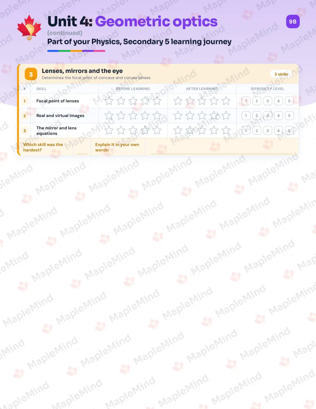 Page 19 of 31 from the Physics, Secondary 5 Quebec Course Companion — skills tracker with before and after self-assessment