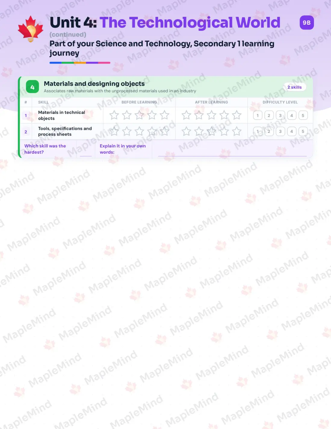 Page 20 of 32 from the Science and Technology, Secondary 1 Quebec Course Companion — skills tracker with before and after self-assessment