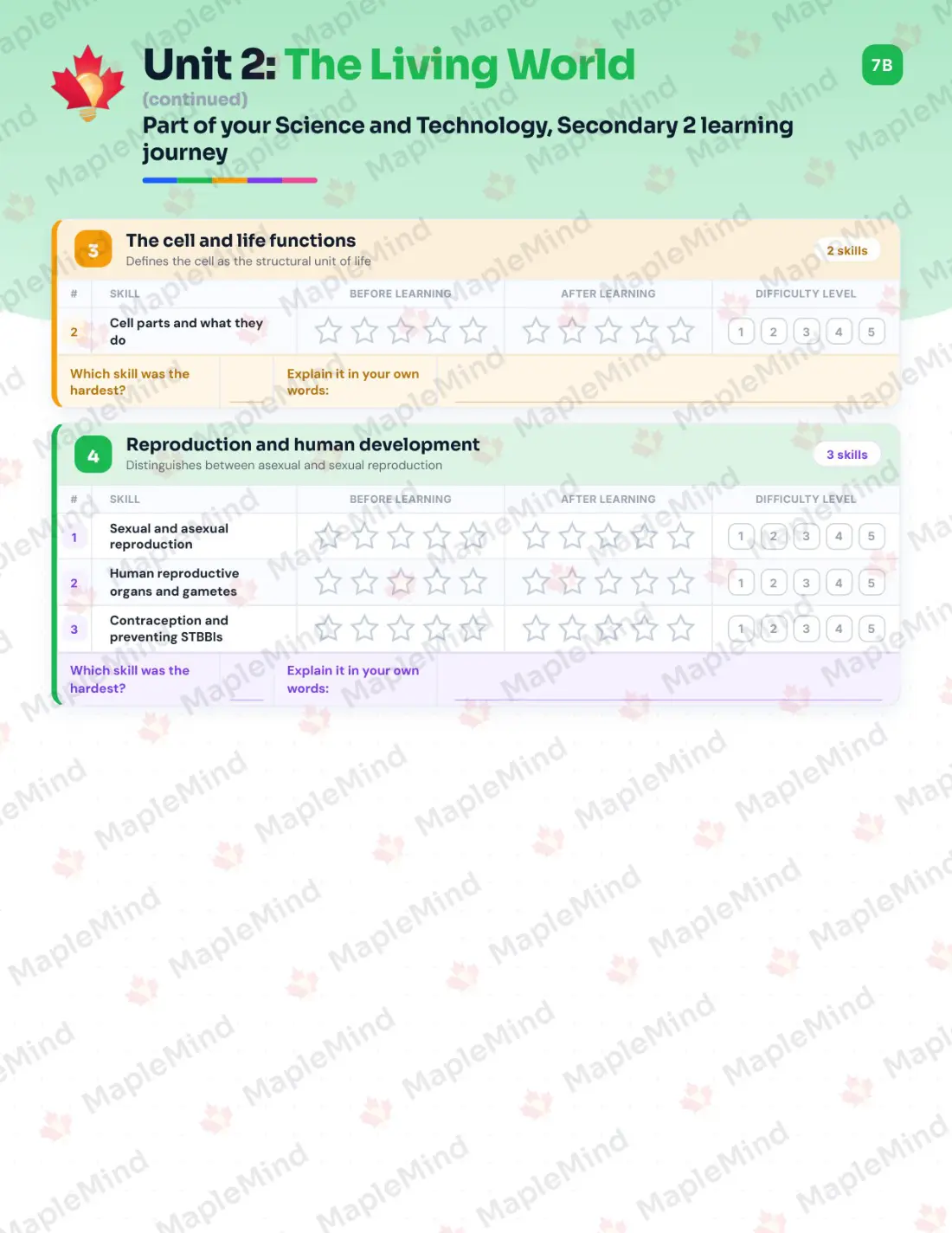 Page 12 of 32 from the Science and Technology, Secondary 2 Quebec Course Companion — skills tracker with before and after self-assessment