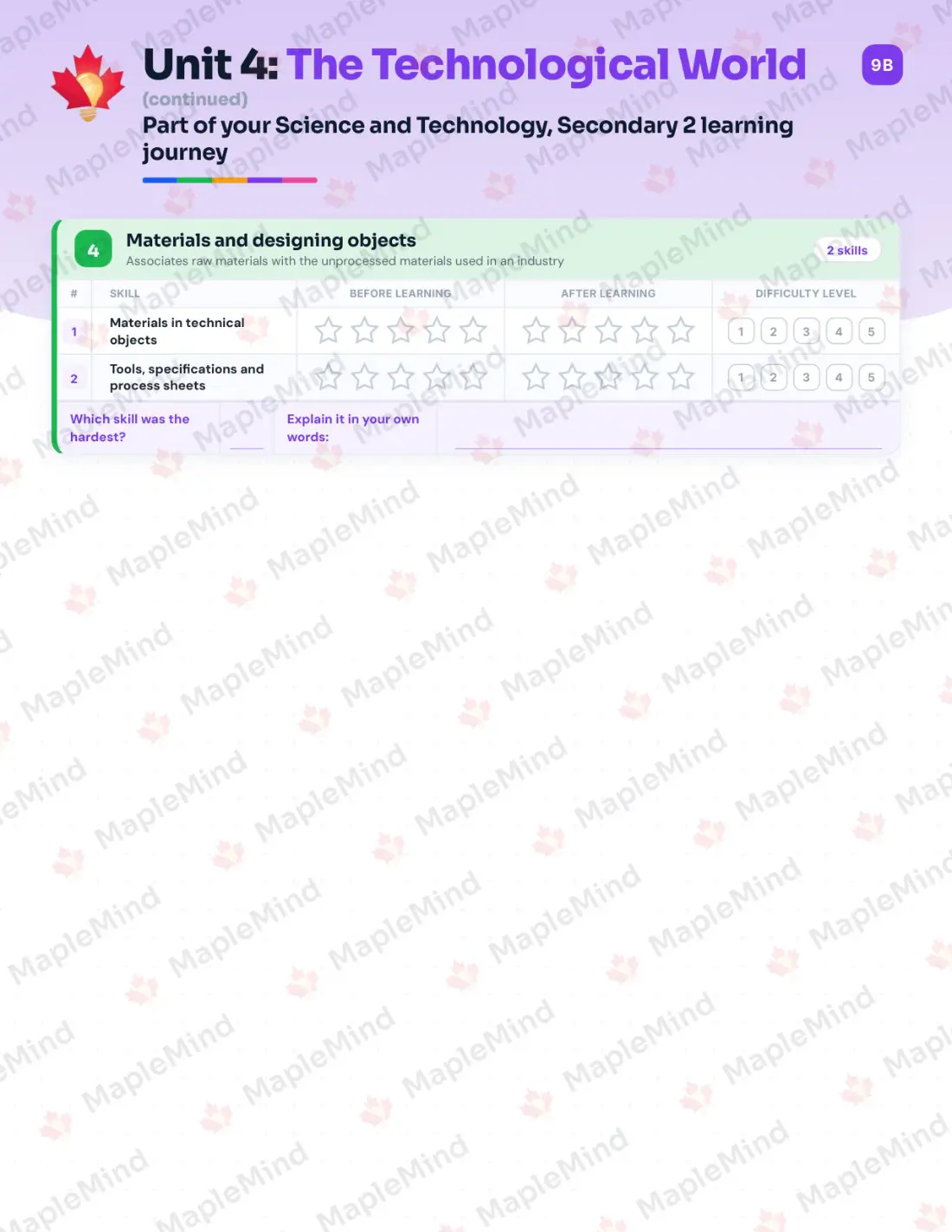 Page 20 of 32 from the Science and Technology, Secondary 2 Quebec Course Companion — skills tracker with before and after self-assessment
