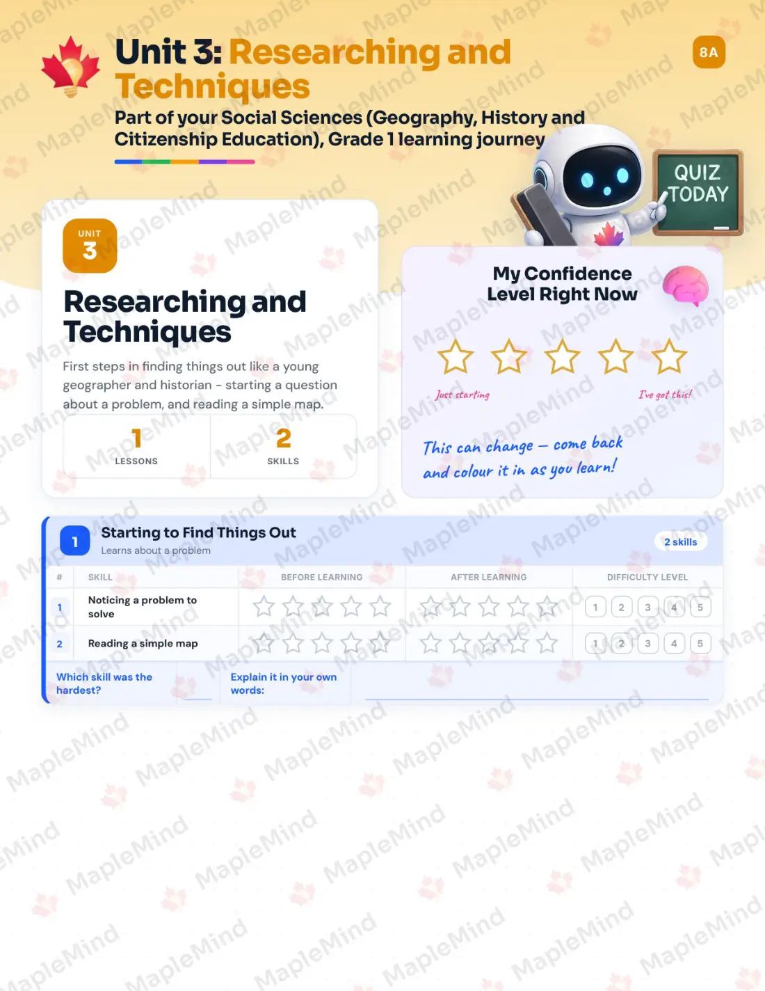 Page 13 of 24 from the Social Sciences (Geography, History and Citizenship Education), Grade 1 Quebec Course Companion — skills tracker with before and after self-assessment
