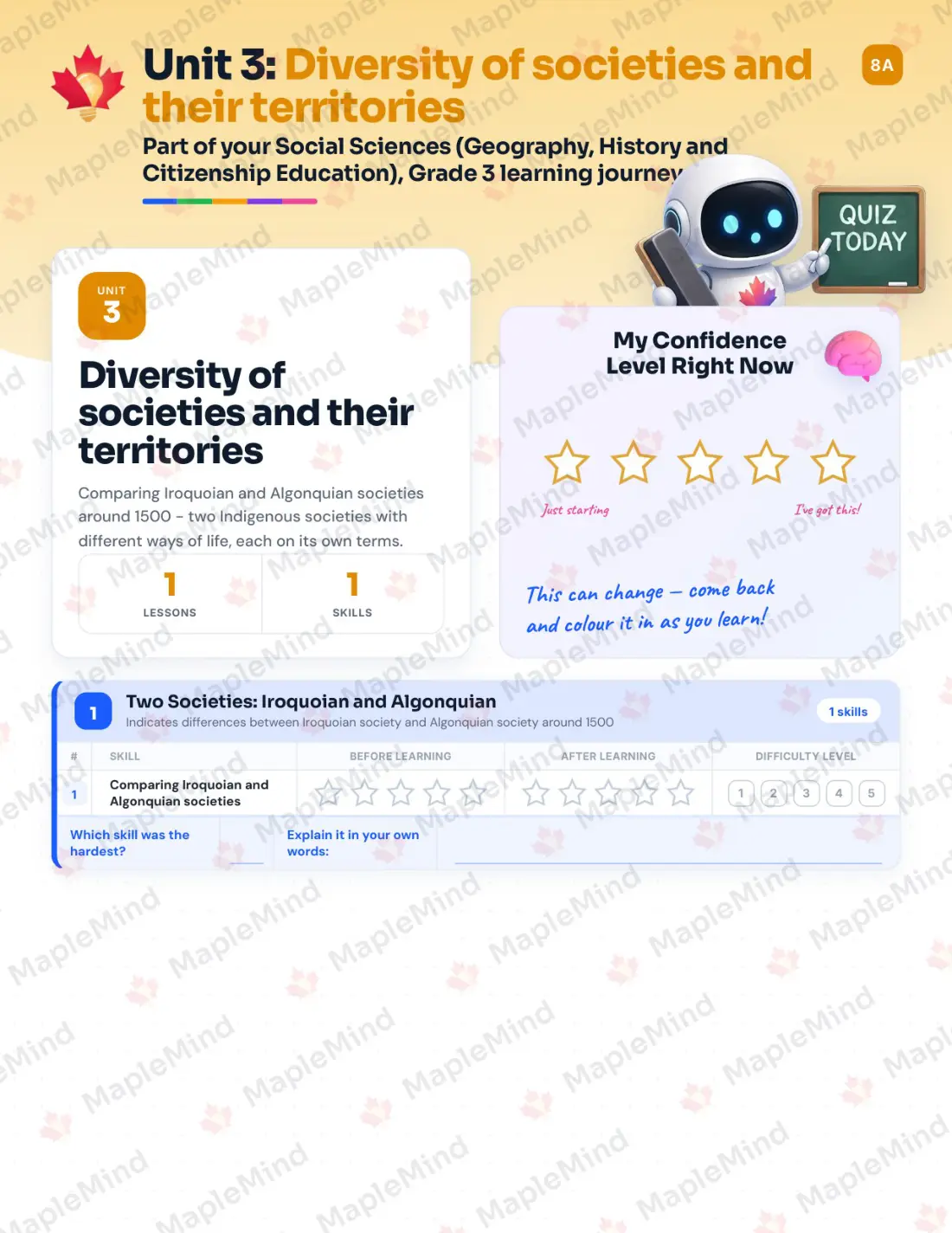 Page 13 of 28 from the Social Sciences (Geography, History and Citizenship Education), Grade 3 Quebec Course Companion — skills tracker with before and after self-assessment