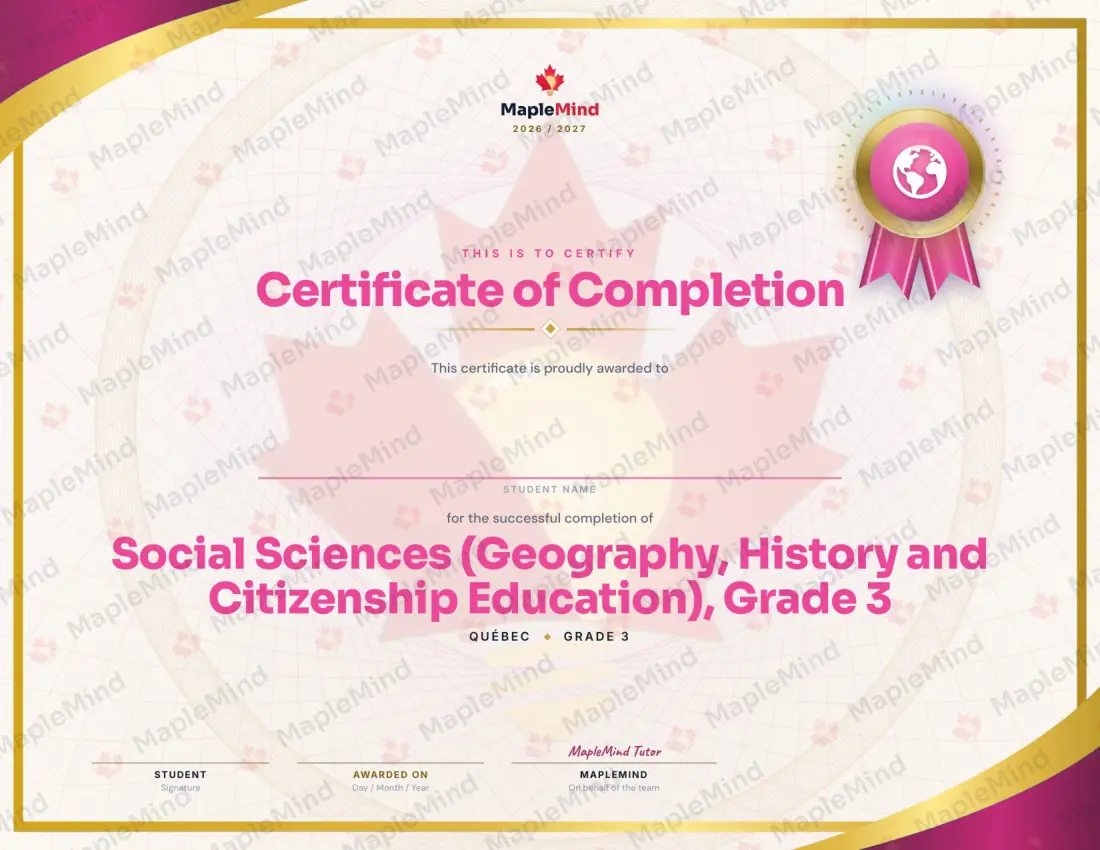 Page 28 of 28 from the Social Sciences (Geography, History and Citizenship Education), Grade 3 Quebec Course Companion — year in review and certificate of completion