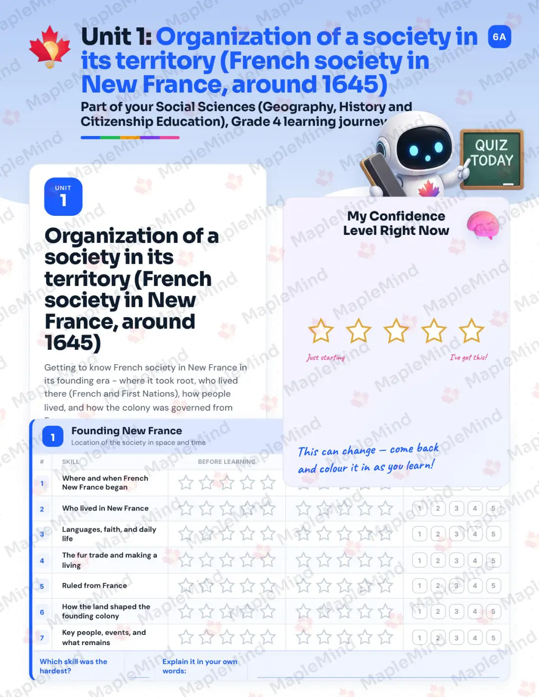 Page 6 of 30 from the Social Sciences (Geography, History and Citizenship Education), Grade 4 Quebec Course Companion — skills tracker with before and after self-assessment
