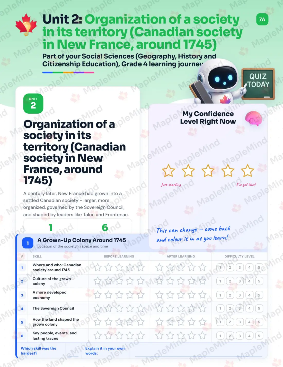 Page 9 of 30 from the Social Sciences (Geography, History and Citizenship Education), Grade 4 Quebec Course Companion — skills tracker with before and after self-assessment