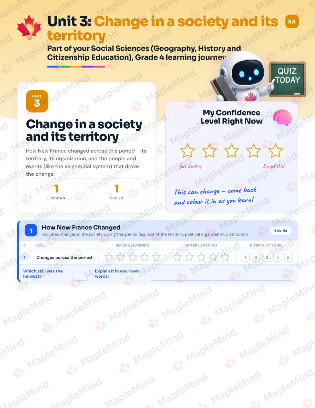 Page 12 of 30 from the Social Sciences (Geography, History and Citizenship Education), Grade 4 Quebec Course Companion — skills tracker with before and after self-assessment