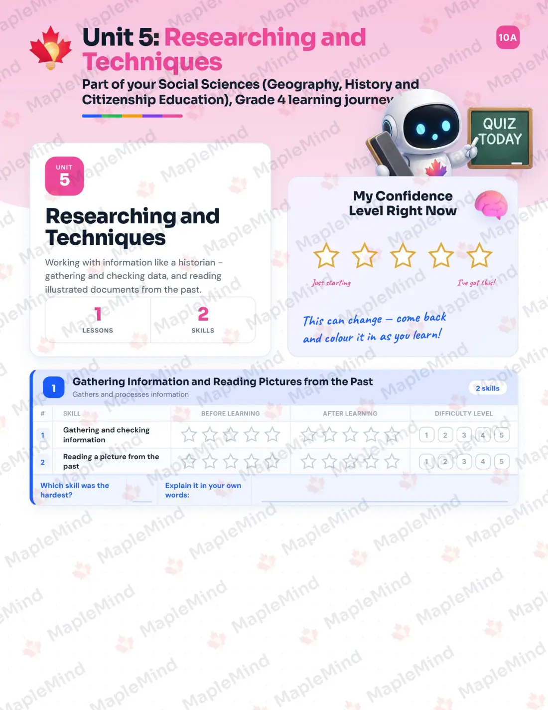 Page 18 of 30 from the Social Sciences (Geography, History and Citizenship Education), Grade 4 Quebec Course Companion — skills tracker with before and after self-assessment