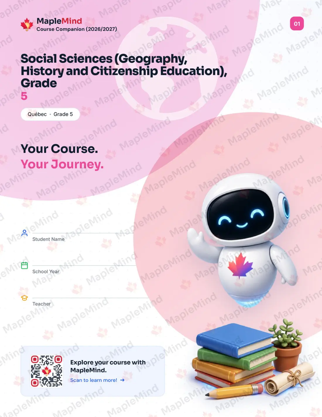 Page 1 of 30 from the Social Sciences (Geography, History and Citizenship Education), Grade 5 Quebec Course Companion — workbook cover