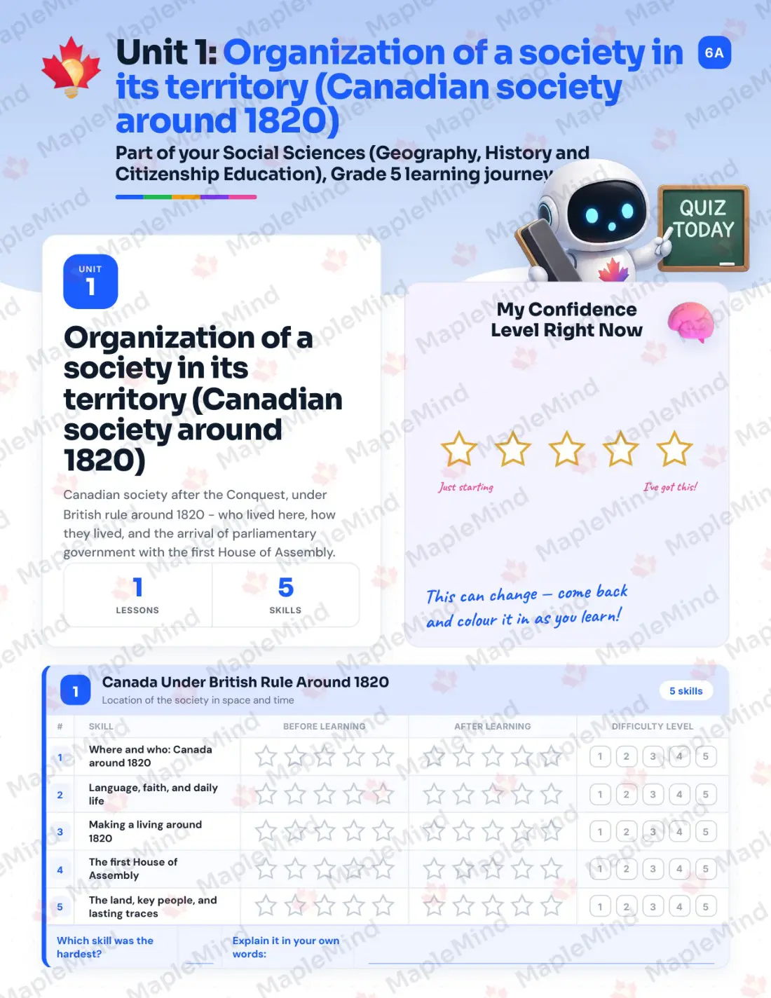 Page 6 of 30 from the Social Sciences (Geography, History and Citizenship Education), Grade 5 Quebec Course Companion — skills tracker with before and after self-assessment