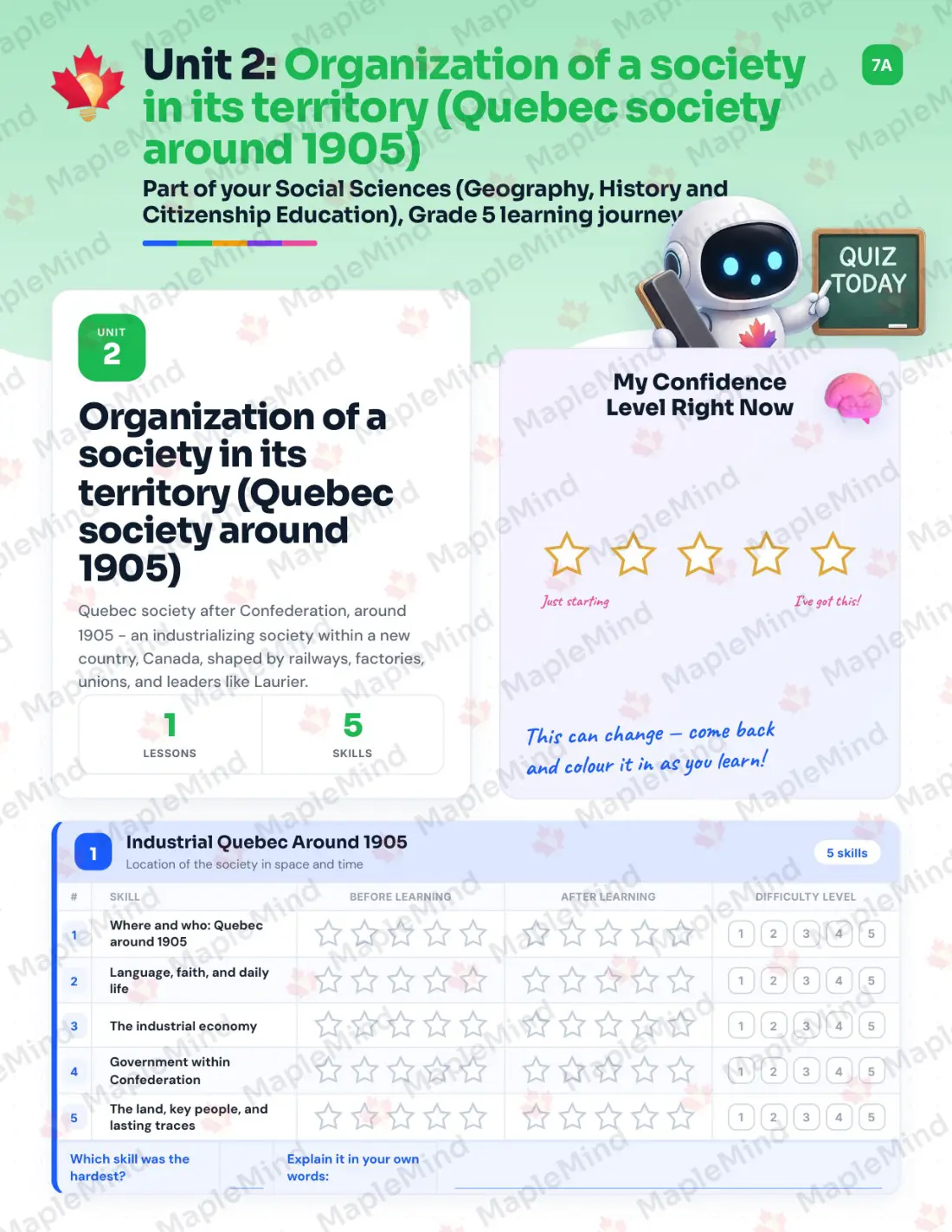 Page 9 of 30 from the Social Sciences (Geography, History and Citizenship Education), Grade 5 Quebec Course Companion — skills tracker with before and after self-assessment