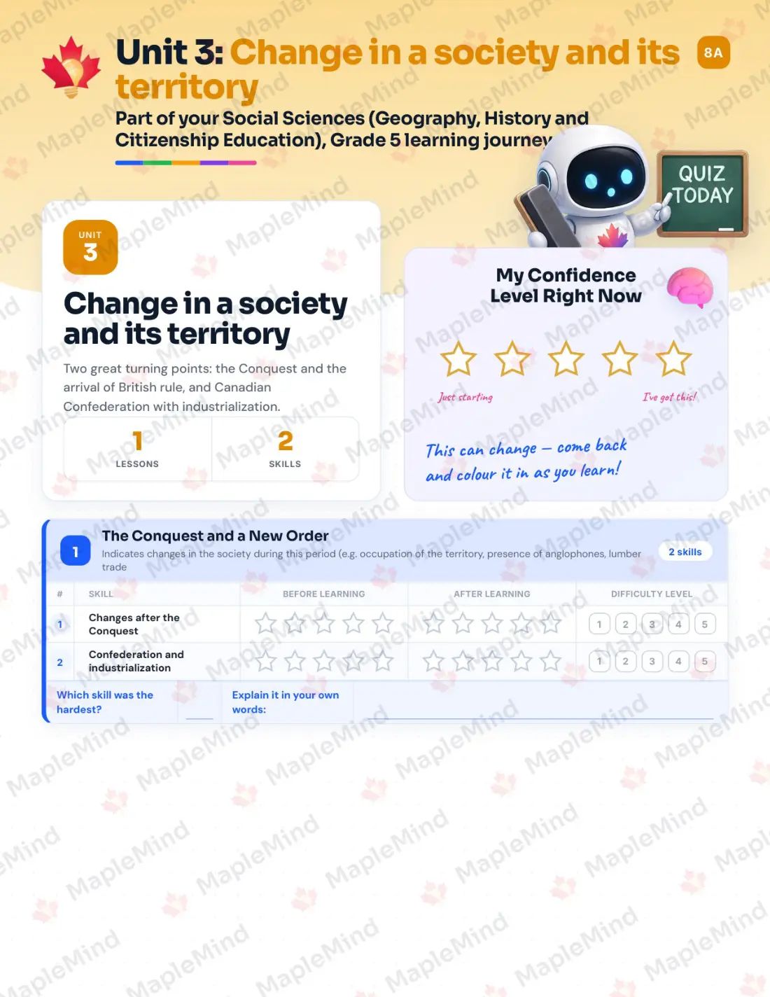 Page 12 of 30 from the Social Sciences (Geography, History and Citizenship Education), Grade 5 Quebec Course Companion — skills tracker with before and after self-assessment