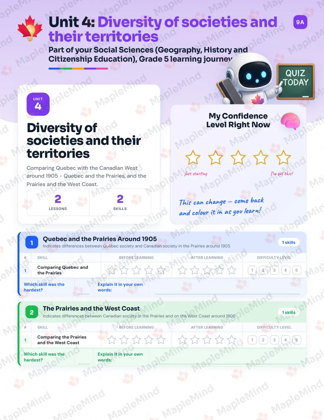 Page 15 of 30 from the Social Sciences (Geography, History and Citizenship Education), Grade 5 Quebec Course Companion — skills tracker with before and after self-assessment
