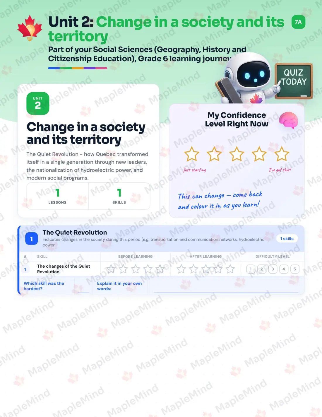 Page 9 of 27 from the Social Sciences (Geography, History and Citizenship Education), Grade 6 Quebec Course Companion — skills tracker with before and after self-assessment