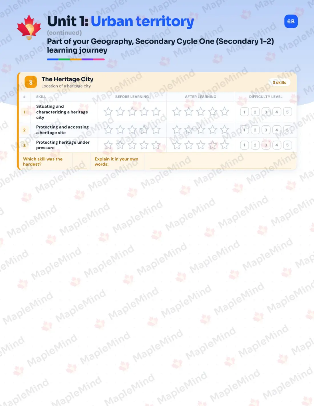 Page 8 of 37 from the Geography, Secondary Cycle One (Secondary 1-2) Quebec Course Companion — skills tracker with before and after self-assessment