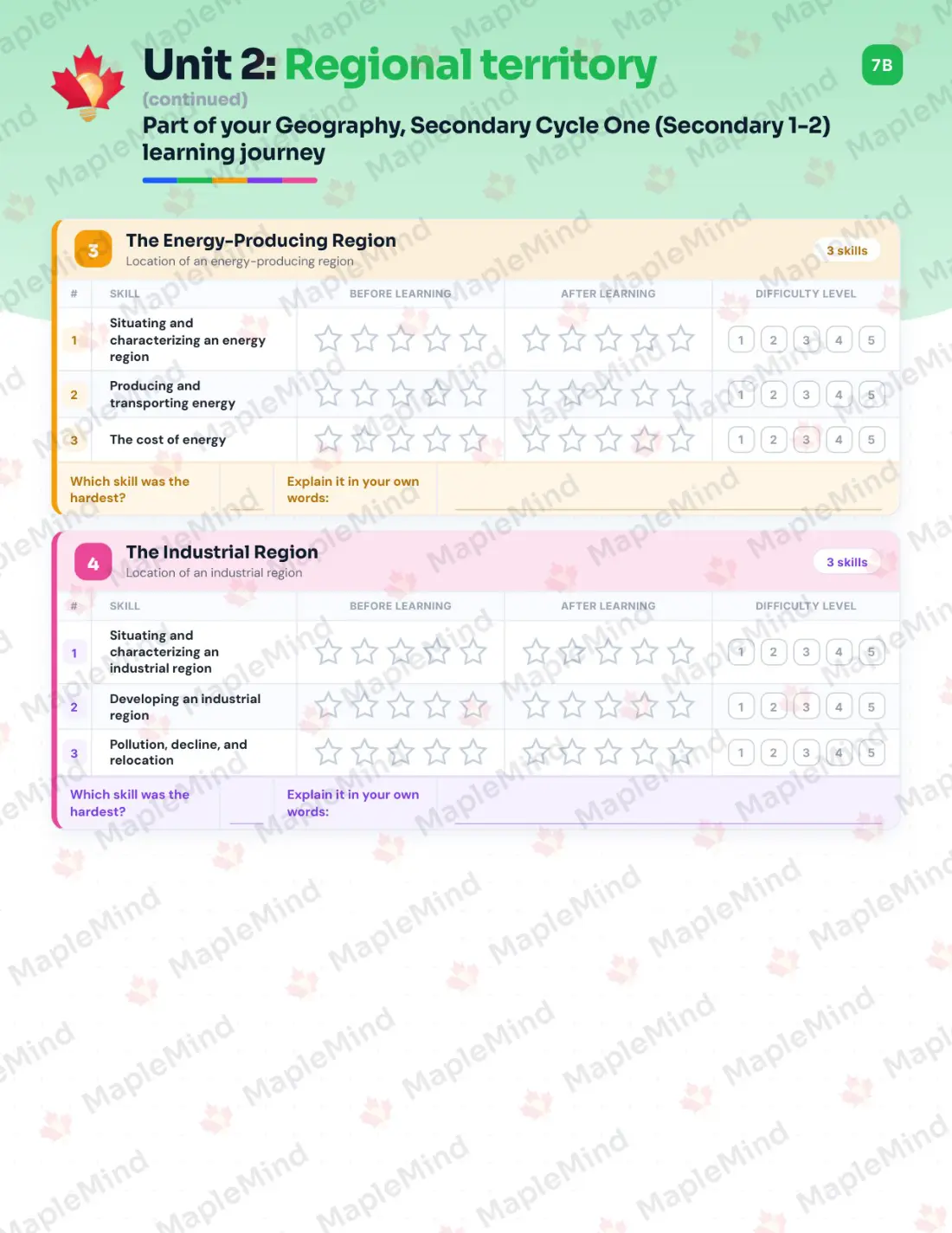 Page 12 of 37 from the Geography, Secondary Cycle One (Secondary 1-2) Quebec Course Companion — skills tracker with before and after self-assessment
