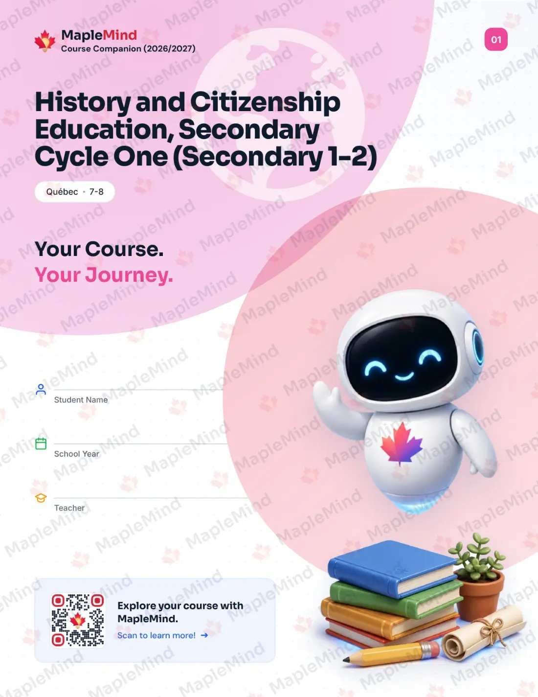 Page 1 of 57 from the History and Citizenship Education, Secondary Cycle One (Secondary 1-2) Quebec Course Companion — workbook cover