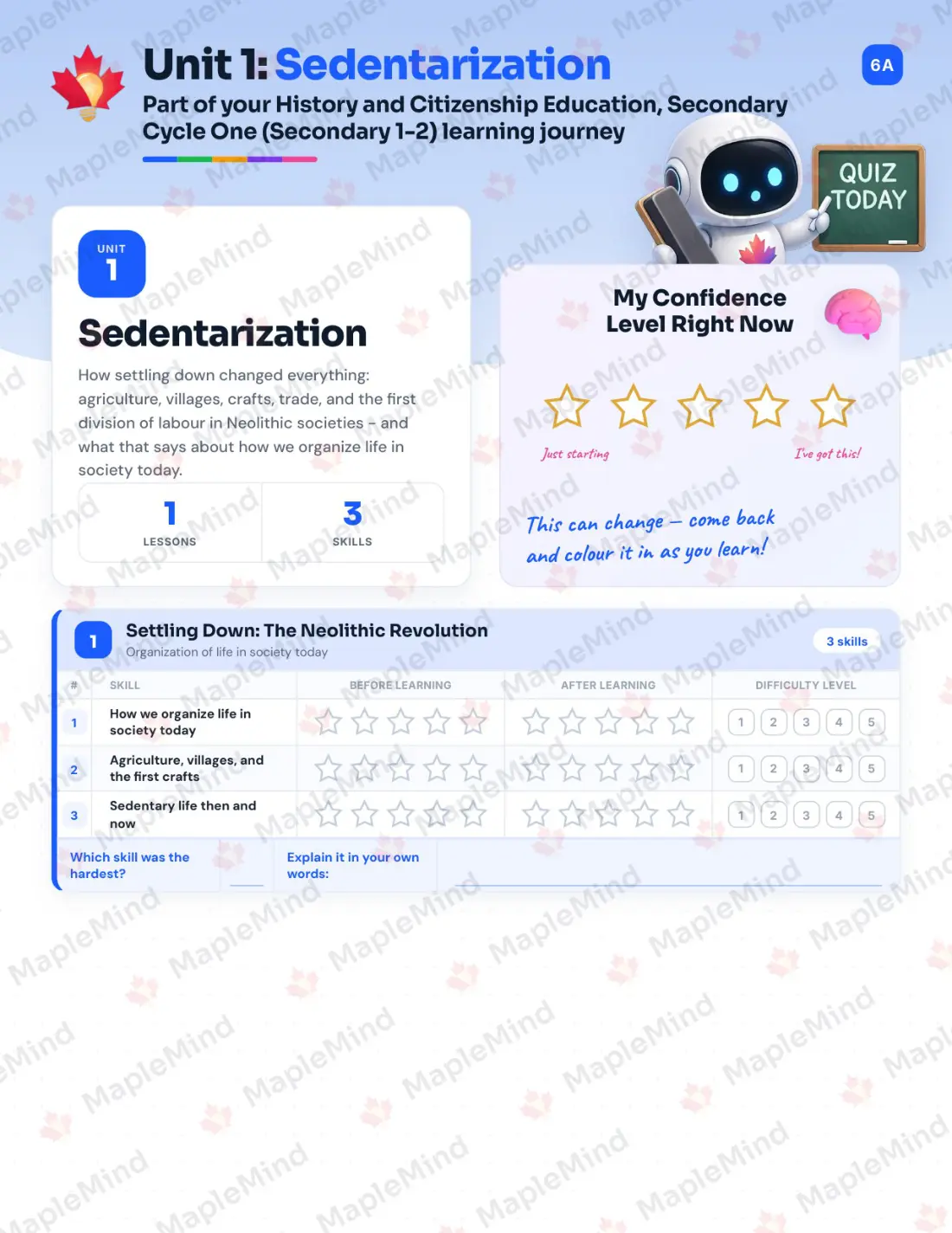 Page 7 of 57 from the History and Citizenship Education, Secondary Cycle One (Secondary 1-2) Quebec Course Companion — skills tracker with before and after self-assessment