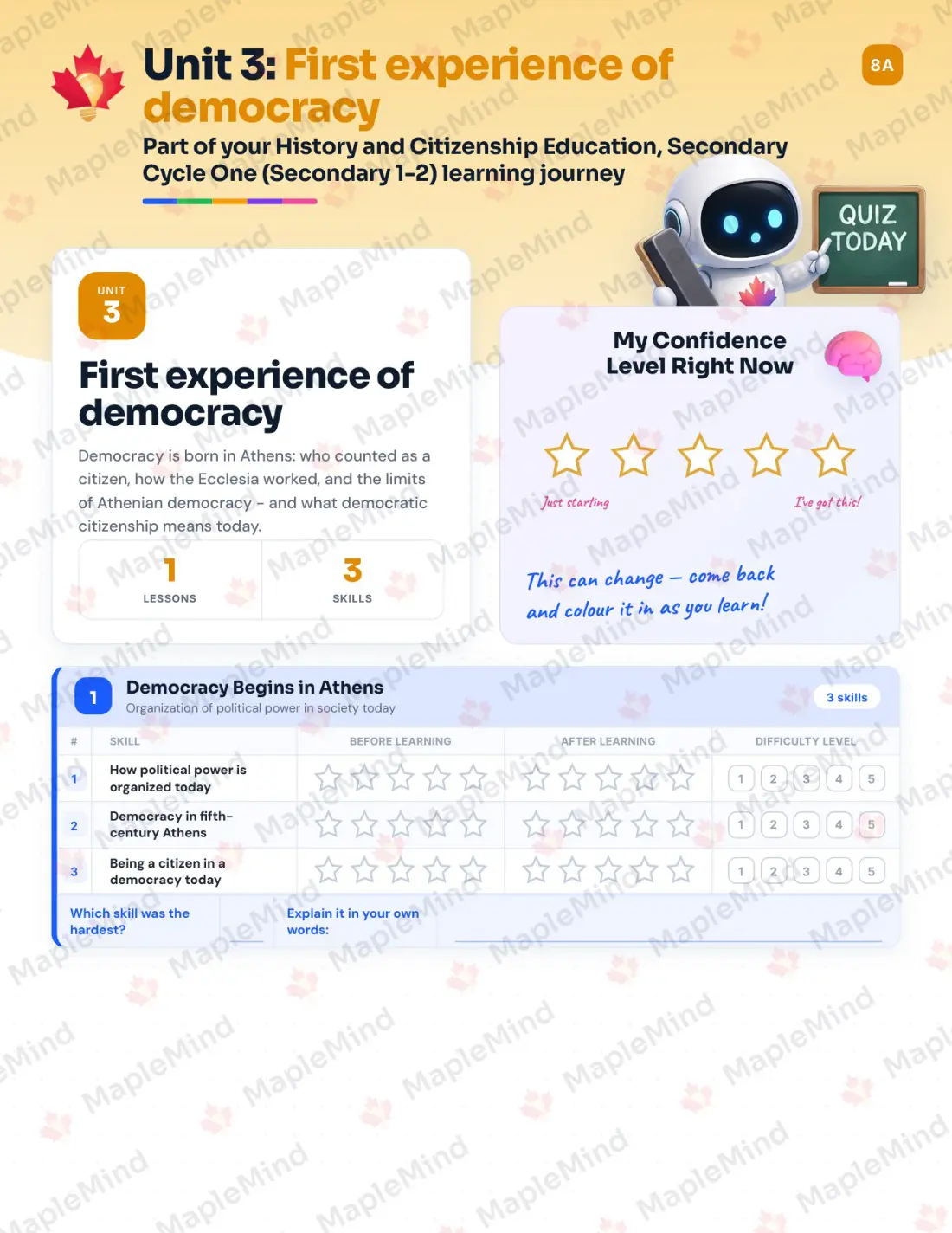 Page 13 of 57 from the History and Citizenship Education, Secondary Cycle One (Secondary 1-2) Quebec Course Companion — skills tracker with before and after self-assessment